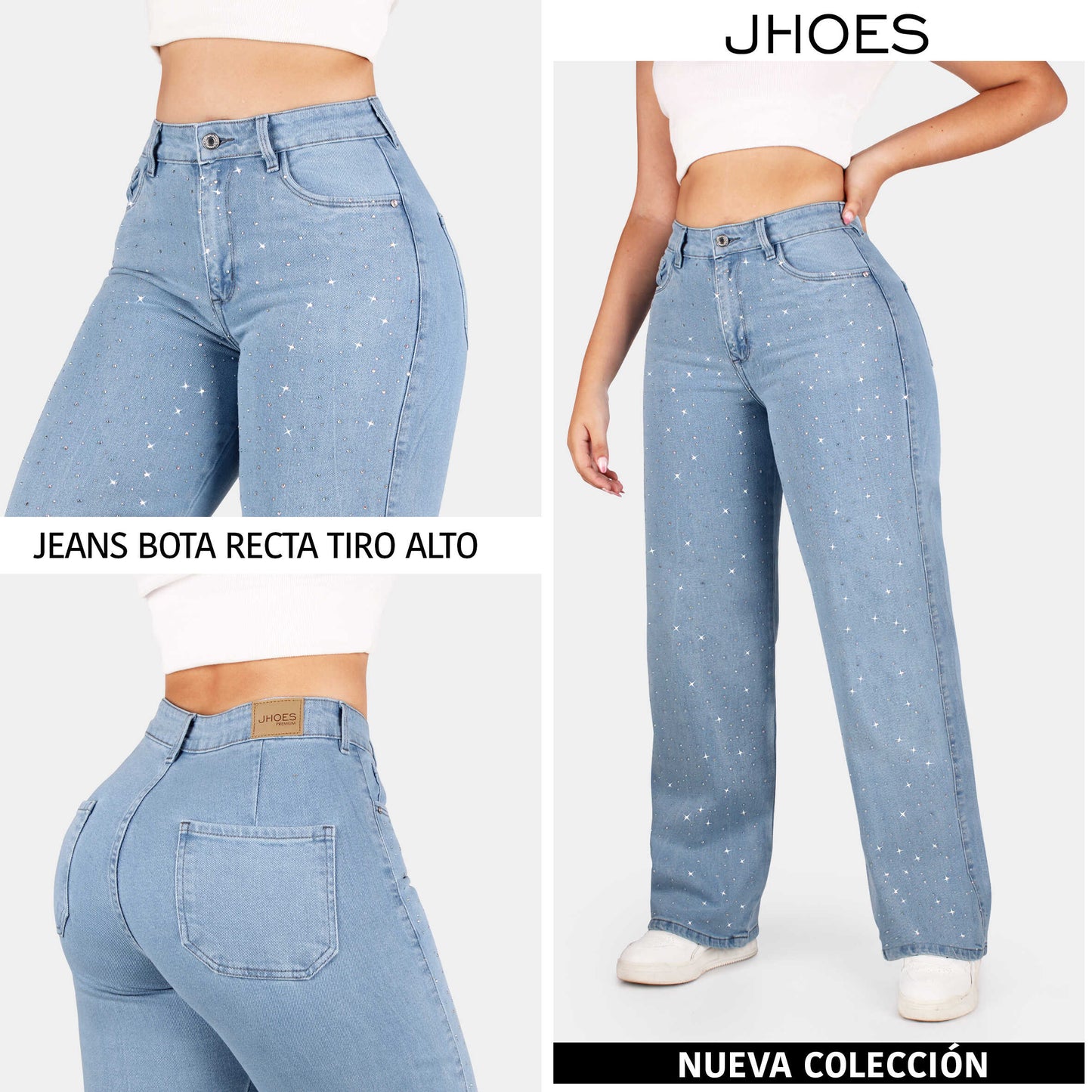 Jean Bota Recta, Strech, con brillos, tiro alto, Ref PD5160