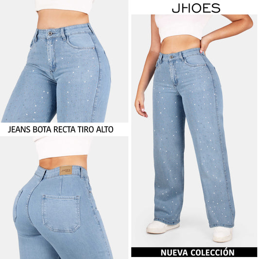 Jean Bota Recta, Strech, con brillos, tiro alto, Ref PD5160